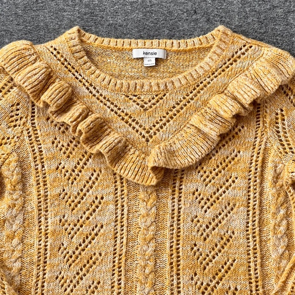 Kensie Heathered Open Knit Ruffle Sweater Sz M Retro Mustard Shabby Chic Cottage - Picture 3 of 12
